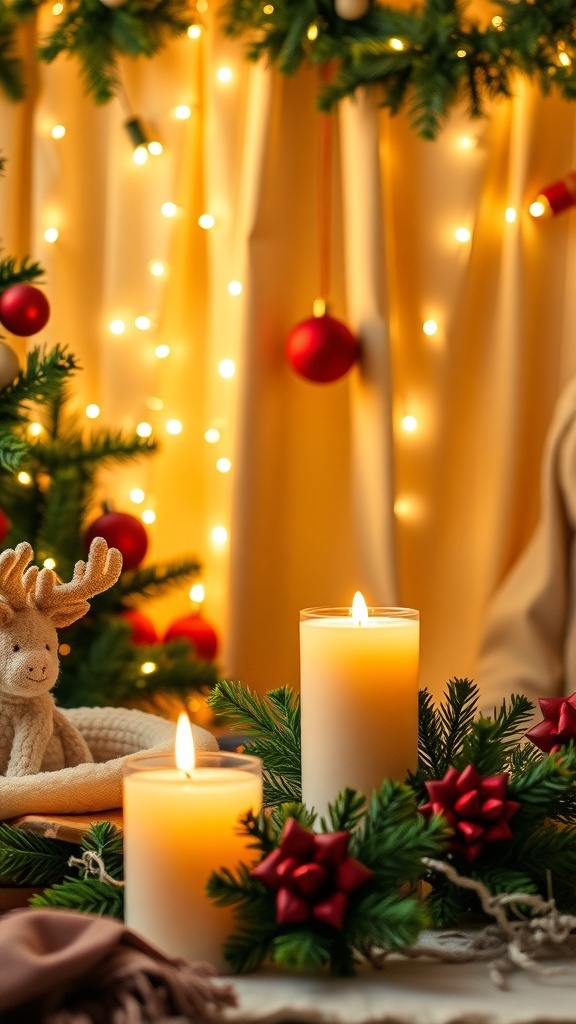 A festive Christmas background with lights, ornaments, and greenery, creating a warm holiday atmosphere.